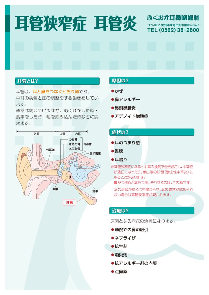 耳管狭窄症 耳管炎 健康のための説明書 愛知県東海市の耳鼻科 ふくおか耳鼻咽喉科 耳 鼻 のどに関する治療